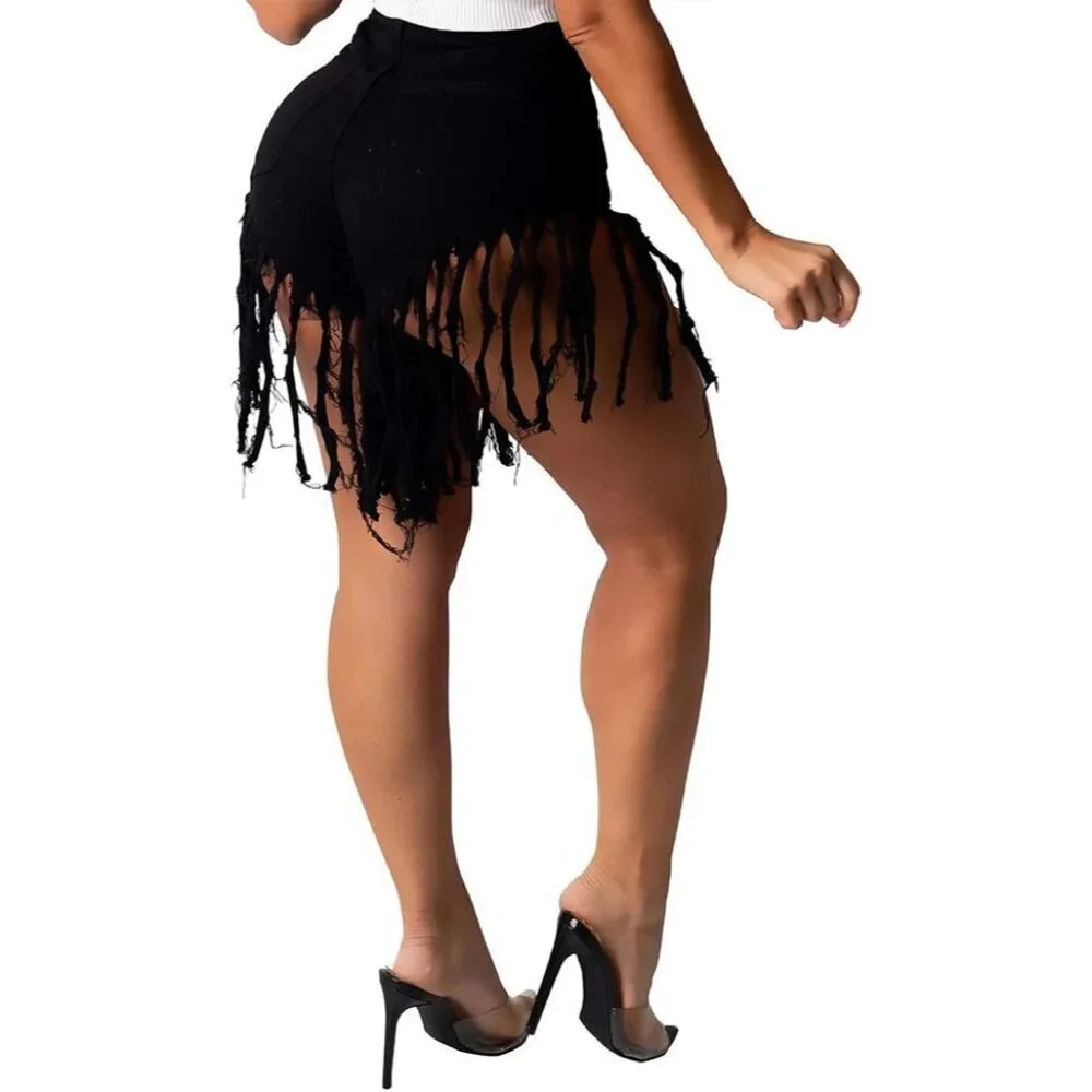 Women's Denim Shorts High Waist Frayed Ripped Tassels Casual Summer